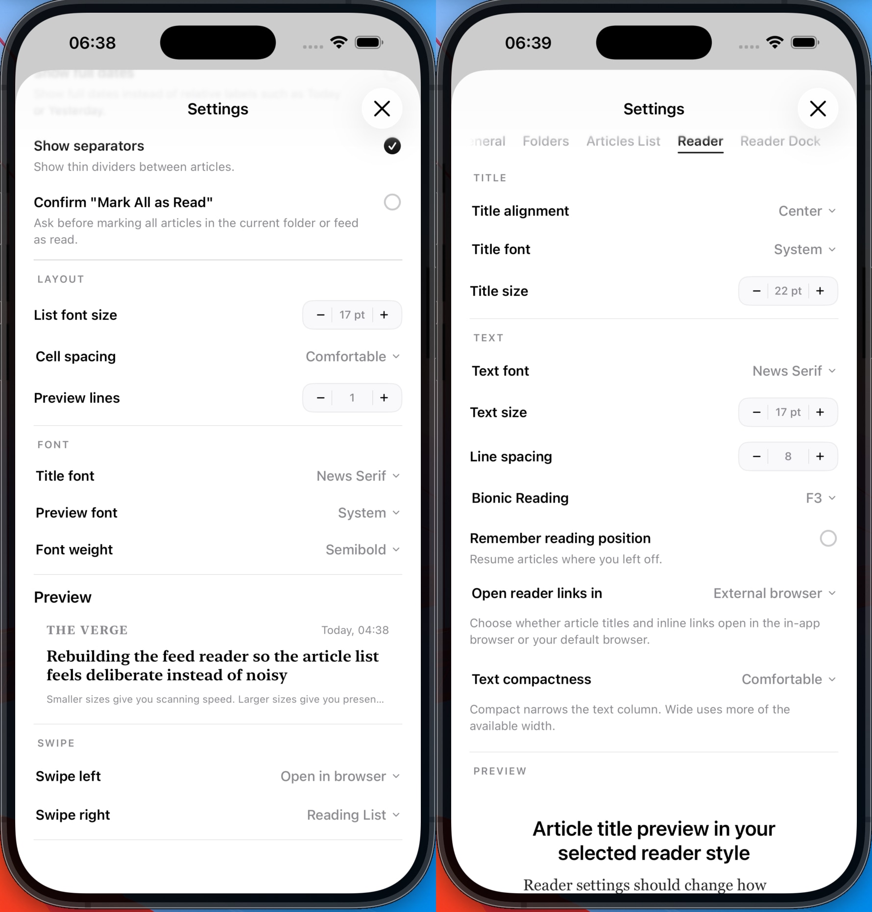 Article list typography settings