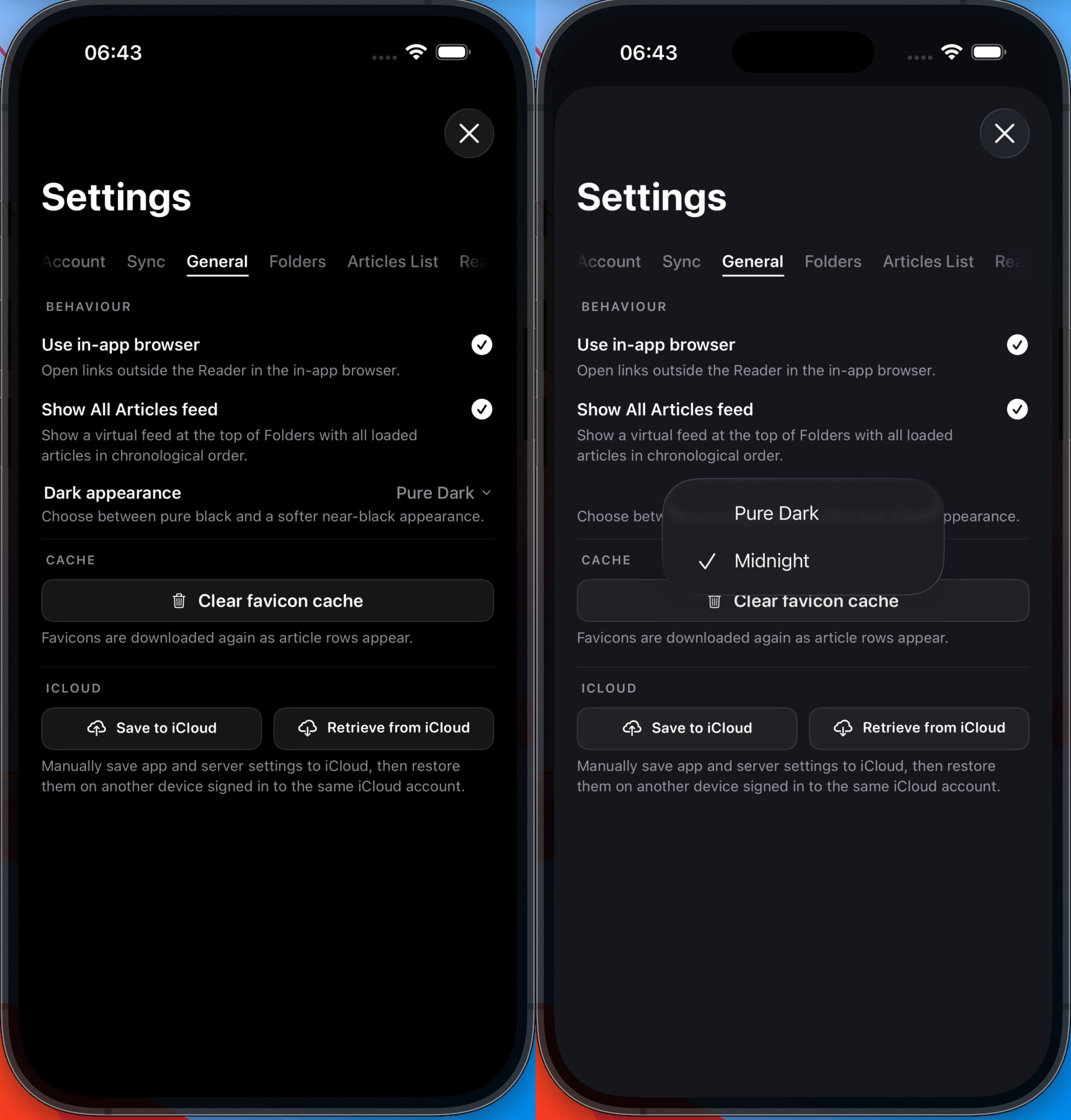 Dark appearance settings