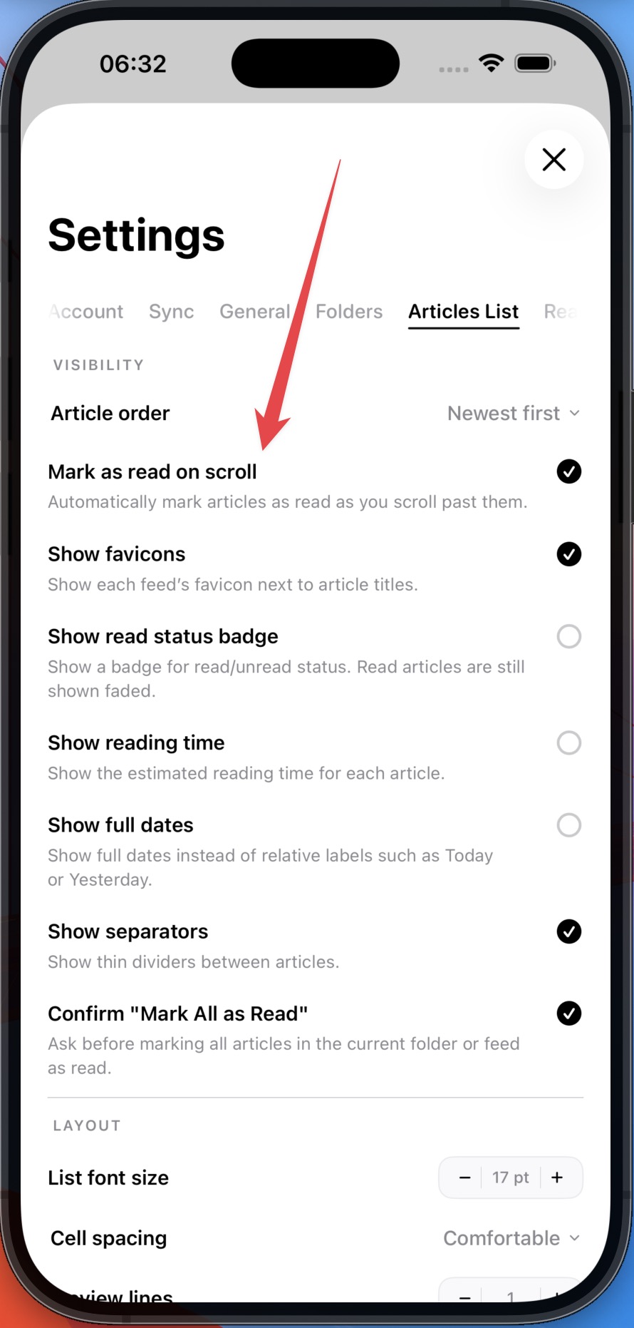 Mark Read on Scroll setting