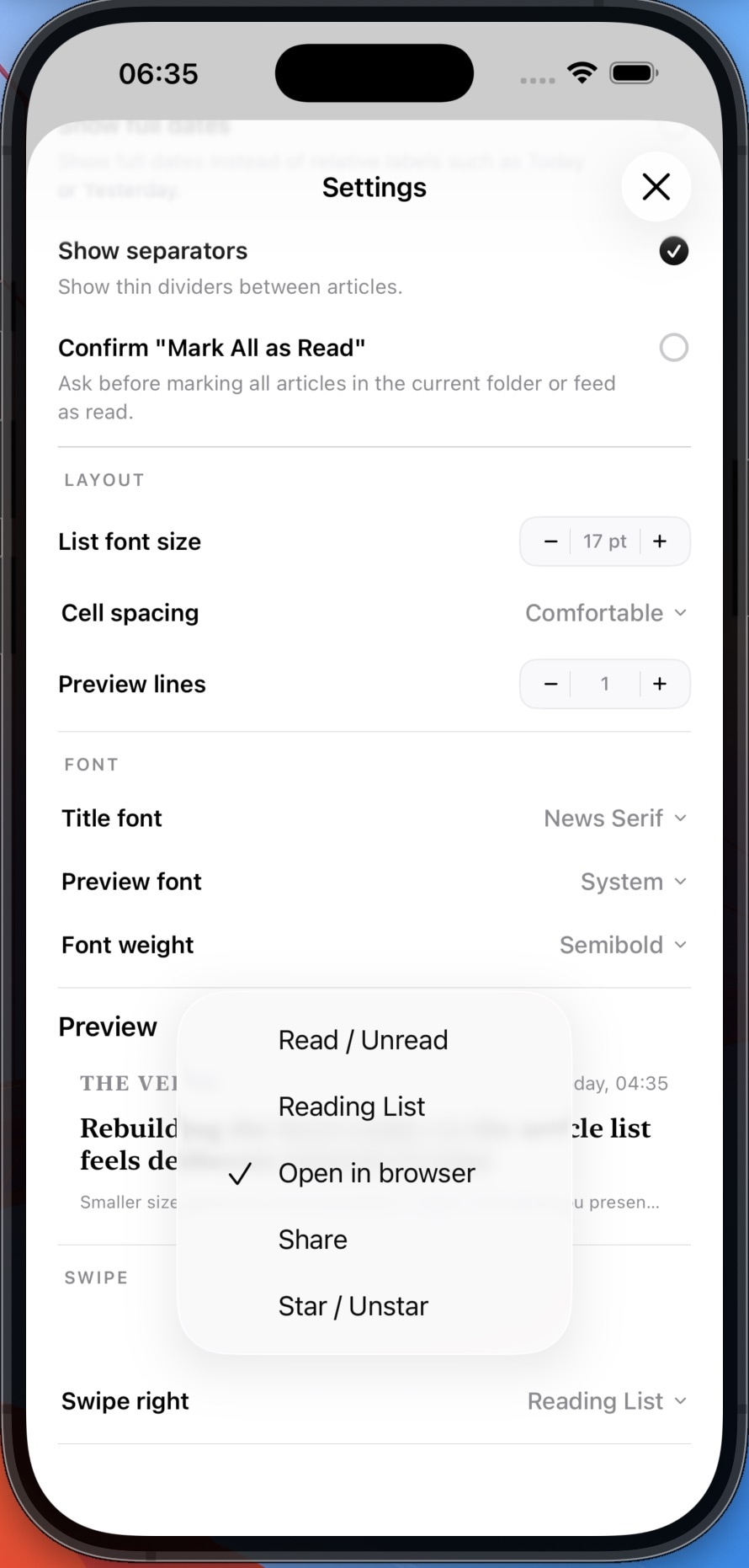 Article swipe actions
